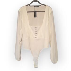 NWT PrettyLittleThing Women's White Mesh Bodysuit Period Faire Fantasy Cosplay